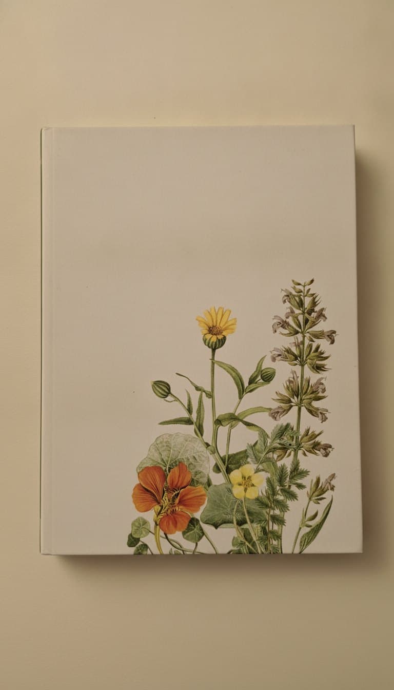 Buch mit botanischer Illustration lehnt an einer Wand